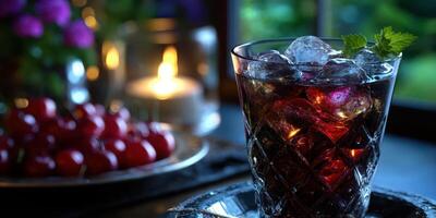 Refreshing drink with ice and mint in a cozy setting during evening hours with candles and fresh cherries photo