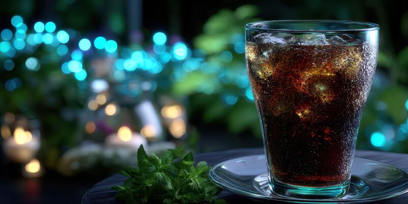 Refreshing drink served in a clear glass on a plate with cool mint leaves and a festive background of blue lights