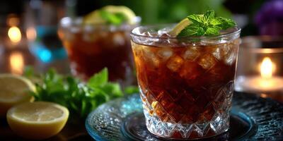 Refreshing iced tea drinks served with lemon and mint on a dark table setting during evening gathering photo