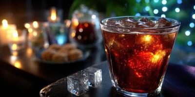 Refreshing drink with ice in a cozy setting featuring candles and snacks during evening gathering photo