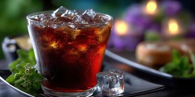 Refreshing cold beverage with ice in a glass served on a black plate surrounded by greenery and soft lighting photo