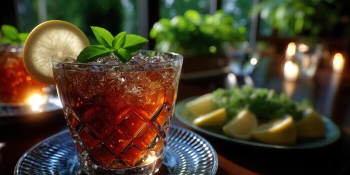 Refreshing iced tea with lemon and mint in a cozy setting with candlelight during an evening gathering photo