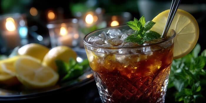 Refreshing iced tea with lemon and mint served at a cozy evening gathering in a dimly lit setting photo