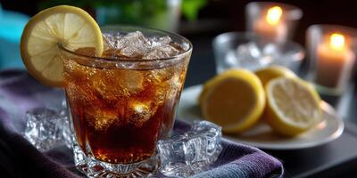 Refreshing drink with lemon and ice served with fresh lemon slices at a cozy evening setting photo