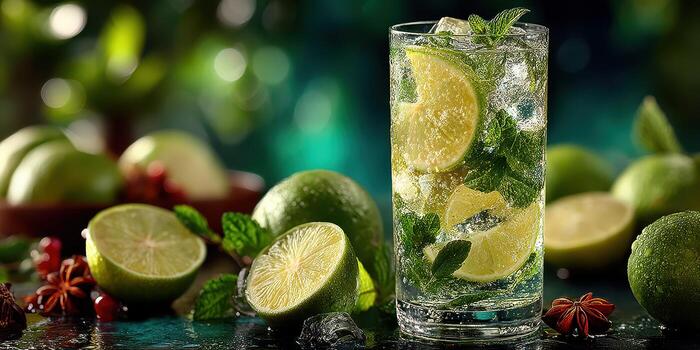 Refreshing mojito with limes and mint garnished on a summer day at a tropical beach photo