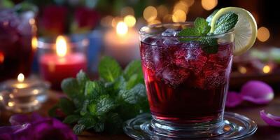 Refreshing drink with mint and lemon served at an evening gathering with soft candlelight ambiance photo