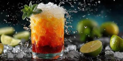 Refreshing cocktail with vibrant colors and splashes of water garnished with mint and lime on a dark surface photo