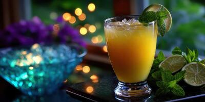 Refreshing citrus beverage with mint and lime served on a dark countertop in an inviting setting photo