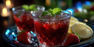 Refreshing drink with strawberries and lemon served on a plate during a vibrant evening gathering photo