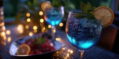 Blue sparkling drink garnished with mint and lemon on a dimly lit table with berries during an evening gathering photo