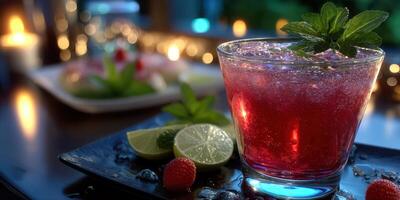 Refreshing cocktail with mint and lime served on a dark wooden table at an evening gathering photo