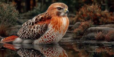 Majestic hawk perched near still water in a serene forest setting at dusk showcasing vibrant plumage photo