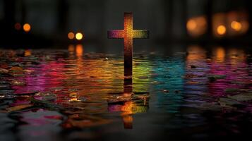 Colorful cross reflected in water at night creating a serene spiritual atmosphere photo