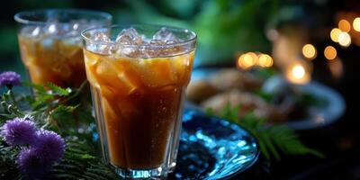 Refreshing iced beverages served on a decorative tray with flowers and warm lighting in a cozy outdoor setting photo