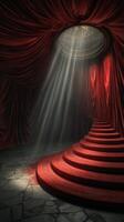 Staircase adorned with red fabric leading to illuminated circular opening in a dark space photo