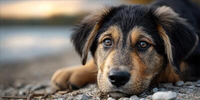 Young dog rests on pebbled shore near water during sunset with warm colors in the background photo