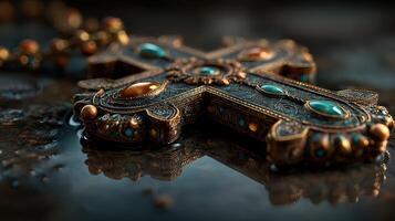 Intricate cross with gemstones displayed on a reflective surface in warm lighting photo