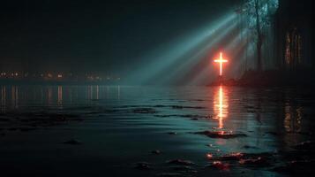 Reflections of light on a misty lake with a glowing cross during twilight hours photo