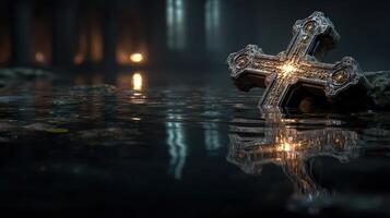 Ancient cross illuminated in a dark, flooded chapel during twilight hours photo