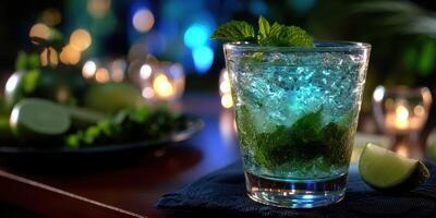 Refreshing mojito cocktail with mint leaves and lime served in a bar setting during an evening gathering photo