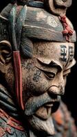 Detailed depiction of a historical warrior sculpture with intricate designs and facial expressions captured in a close-up view photo