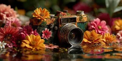 Vintage camera resting among vibrant flowers with a serene reflection in still water during daylight photo