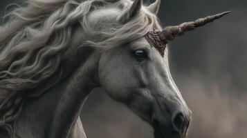 Majestic unicorn with flowing mane stands proudly in a misty forest at dawn photo
