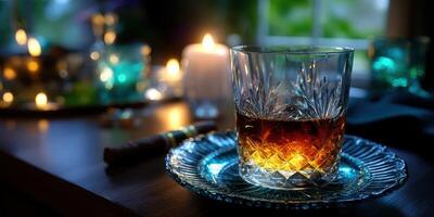 Elegant glass of whiskey sits on a plate surrounded by candles and soft lighting in a cozy setting photo