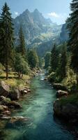 Serene mountain river landscape with lush greenery and majestic peaks on a sunny day photo