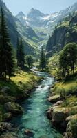 Majestic mountain valley with a winding river and lush greenery during bright daylight photo