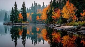 Stunning autumn landscape with colorful trees reflecting on calm water at dawn in a serene forest photo