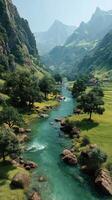 Serene river flows through lush green valley surrounded by mountains under clear blue sky photo