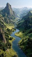 Majestic mountain landscape with winding river and vibrant green valleys during daylight photo