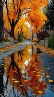 Vibrant fall colors reflected on a calm street after rain photo
