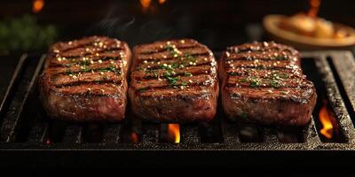 Delicious grilled steaks sizzling on a barbecue grill with herbs and flames in a warm cooking atmosphere photo