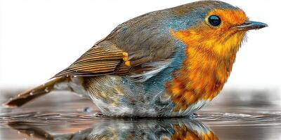Colorful bird perched on a reflective surface in a serene natural setting during a sunny day photo