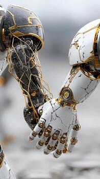 Robotic hands reaching for each other in a futuristic landscape during a cloudy day photo