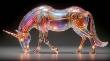 Unique robotic unicorn sculpture showcasing vibrant colors and intricate details in an artistic display photo