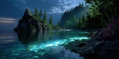 Serene night view of a tranquil coastline with glowing waters and lush greenery photo