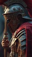 Intricate Roman soldier in ornate armor holding a spear in a dramatic setting with antique details photo
