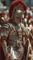 Ancient warrior in ornate armor standing proud during a historical reenactment event on a sunny day photo