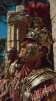Ancient Roman soldiers in intricate armor standing solemnly near historical ruins under a clear blue sky photo
