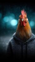 Unique rooster wearing a hoodie stands against a dreamy blue background with soft lighting effects photo