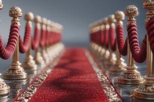 Red carpet lined with golden stanchions and ropes leading to an elegant venue for a grand event or award ceremony photo