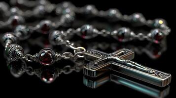 Intricate silver rosary with red beads and crucifix against a reflective black surface photo