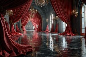 Elegant interior with flowing red drapes and polished marble floor in a grand hall at twilight photo