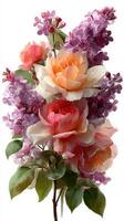 Beautiful bouquet of colorful roses and lilacs arranged artistically in a bright setting during springtime photo