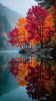 Vibrant autumn colors reflect on calm lake at dawn in a serene forest setting photo