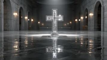 Crystal cross reflected on marble floor in a dimly lit church interior with archways and soft lighting photo