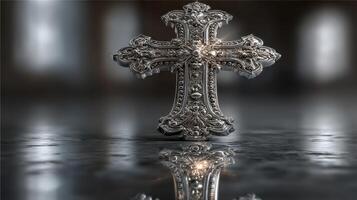 Elaborate silver cross reflecting over a polished surface in a serene environment with soft lighting photo